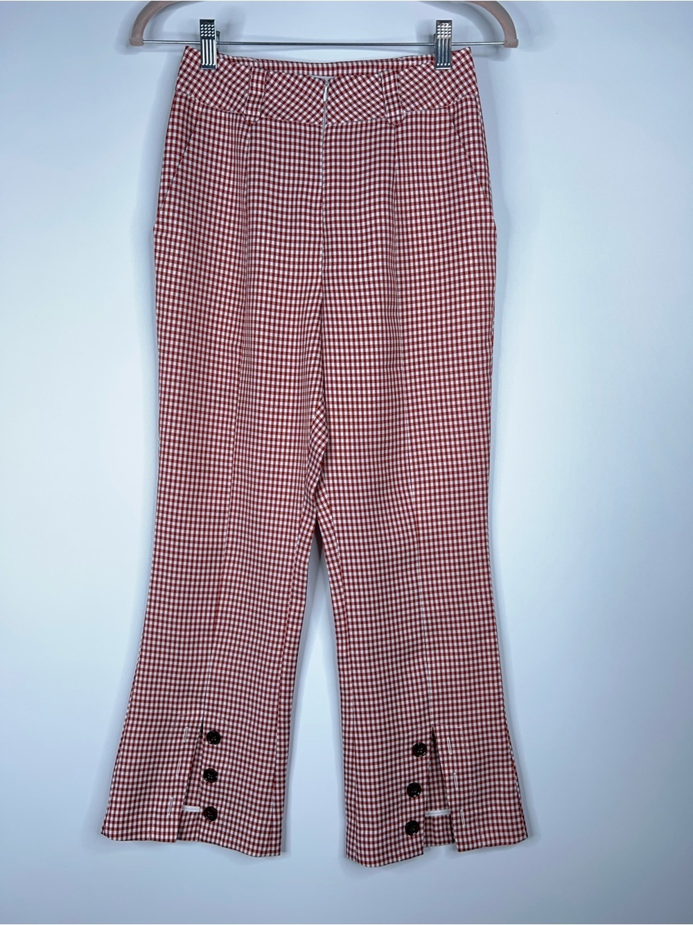 Petite Studio Red White Gingham Pull-On Pants Zipper Front Split Hem Size XS